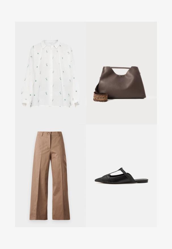 Valkoinen pellavapaita, jossa on napit edessä. Siinä on vihreää ja sinistä kukkakirjontaa, pitkät hihat ja kärjellinen kaulus. Rentoa mallia.; Ruske leve-legged hlače iz gladkega materiala, z sprednjim gumbom, dvema sprednjima žepoma in čistimi, krojenimi linijami.; Musta nahkasandaali, jossa on terävä kärki, somistettuna kudotulla yksityiskohdalla ja pleatatuilla yläosilla. Litteä pohja, jossa on vähäisiä tarvikkeita.; Ruskea nahkalaukku, jossa on teksturoitu pinta, kulmikas muotoilu ja erottuva yläkahva. Sisältää kuvioidun kudotun hihnan yksityiskohtia.