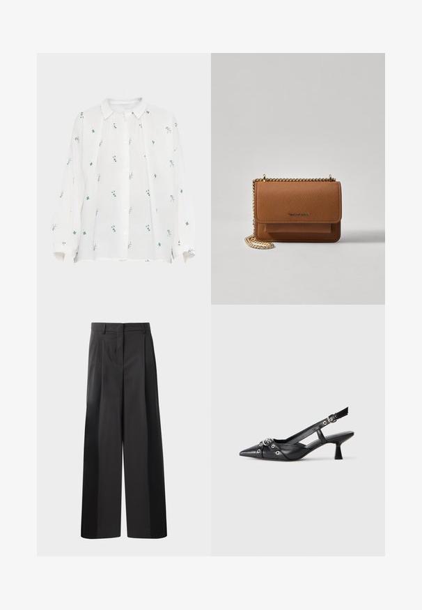 White linen shirt with a button-up front. Features green and blue floral embroidery, long sleeves, and a pointed collar. Relaxed fit.; Black wide-leg trousers with a high waist, featuring front pleats, a smooth texture, and a tailored finish. Designed for a relaxed fit.; Black leather slingback shoe with a pointed toe, decorative straps featuring metal eyelets, and a low block heel. Textured surface.; Brown textured leather crossbody bag with gold chain strap and flap closure. Front features logo detail and a pocket under the flap.