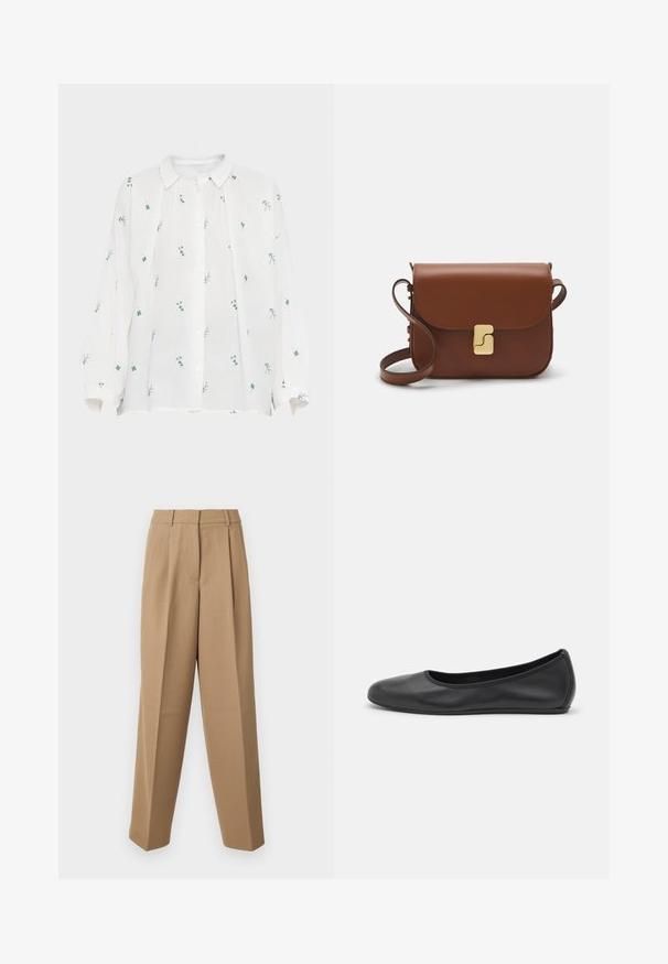 Weißes Leinenhemd mit knöpfbarem Vorderteil. Besitzt grüne und blaue Blumenstickereien, lange Ärmel und einen spitzen Kragen. Lockere Passform.; Beige maßgeschneiderte Hose mit hoher Taille, gefaltetem Vorderteil und weitem Bein. Der Stoff wirkt glatt mit einem leichten Glanz.; Schwarze Leder-Ballettschuhe mit abgerundeter Spitze, glatter Textur, minimalen Nähdetails und einem flexiblen Sohlen-Design.; Braune Ledertasche mit Klappenverschluss, Beschlägen in Goldfarbe, einem Schultergurt und einer glatten Oberfläche. Kompakte rechteckige Form.