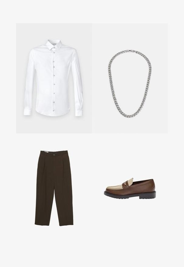 Witte langarm shirt van glad katoen, met een klassieke kraag en knoopsluiting aan de voorkant met bijpassende knopen.; Donkere bruine op maat gemaakte broeken met voorplooien, riemlussen en een knoopsluiting in de taille.; Bruine leren instapper met een beige leren accent en gestikte details. Beschikt over een lage, gestructureerde zwarte zool en een klassiek ontwerp.; Zilveren ketting met in elkaar verankerde schakels, een gladde afwerking en een sluiting met haak. Het ontwerp is uniform en iets dikker.