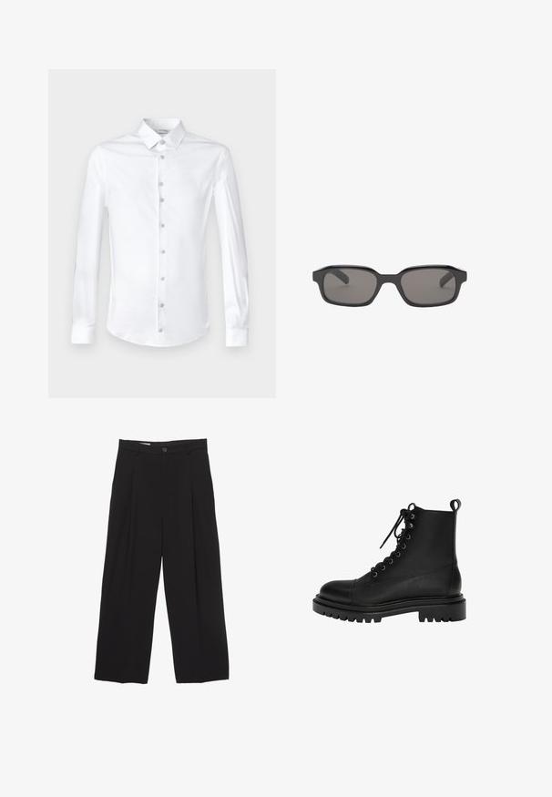 Bela majica z dolgimi rokavi, izdelana iz gladkega bombaža, z klasičnim ovratnikom in gumbnim zapenjanjem spredaj, s usklajenimi gumbi.; Črne široke hlače iz gladkega blaga, z ravnim pasom, sprednjimi povešalnimi pregibi in enim gumbom za zapiranje.; Črne usnjene gležnjarje z zaobljenim nosom, vezalnim sprednjim delom, kovinskimi luknjicami in grobim, teksturiranim gumijastim podplatom.; Črne pravokotne sončna očala s temno sivimi lečami, s širokim plastičnim okvirjem in gladko teksturo. Ni vidnega brendiranja.