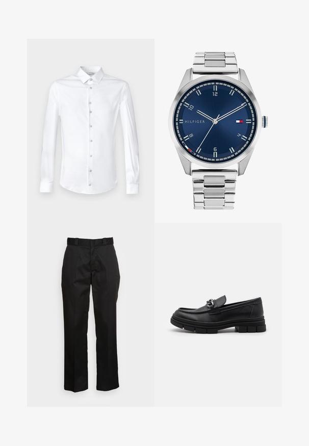 Bílá košile s dlouhým rukávem vyrobená z hladkého bavlněného materiálu, s klasickým límečkem a zapínáním na knoflíky, všechno v laděné barvě.; Černé kalhoty vyrobené z hladké tkaniny, s rovnými nohavicemi, poutky na pásek a dvěma bočními kapsami. Klasický vzhled bez ozdob.; Černé kožené mokasíny s kulatou špičkou, dekoračním páskem a kovovými prvky, a masivní texturovanou podrážkou. Hladký povrch s jemnými detaily.; Stříbrné kovové hodinky s broušeným modrým ciferníkem, bílými hodinovými indexy a zobrazením data. Mají spojený kovový pásek a logo značky.; Stříbrný řetízek s výraznými články a centrálním kruhovým přívěskem s propracovanými detaily. Hladký, lesklý povrch kovu.