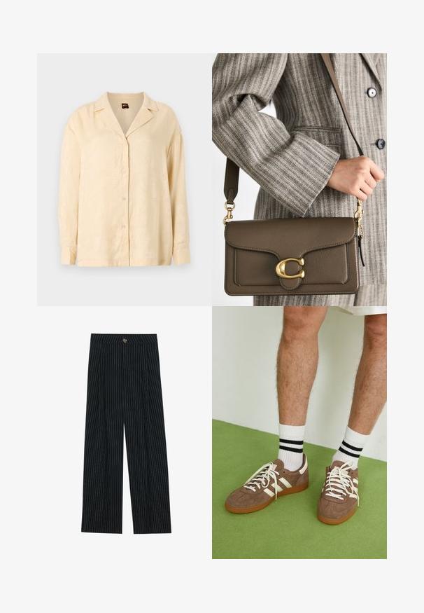 Világos bézs színű, gombos ing, amelynek kivágott gallérja, hosszú ujja van, és finom pálmalevél mintázatú textúrával rendelkezik. A gombok tonálisak.; Fekete csíkos, bő szárú nadrág textúrált anyagból, elől gombos záródással és pliszírozott kialakítással a fokozott érdekesség érdekében.; Barna velúr sportcipő fehér díszítéssel és fűzővel. Gumi talp. Fehér zoknival viselve, fekete csíkokkal. Zöld, textúrázott padló.; COACH TABBY SHOULDER BAG 26 - Kézitáska - dark stone