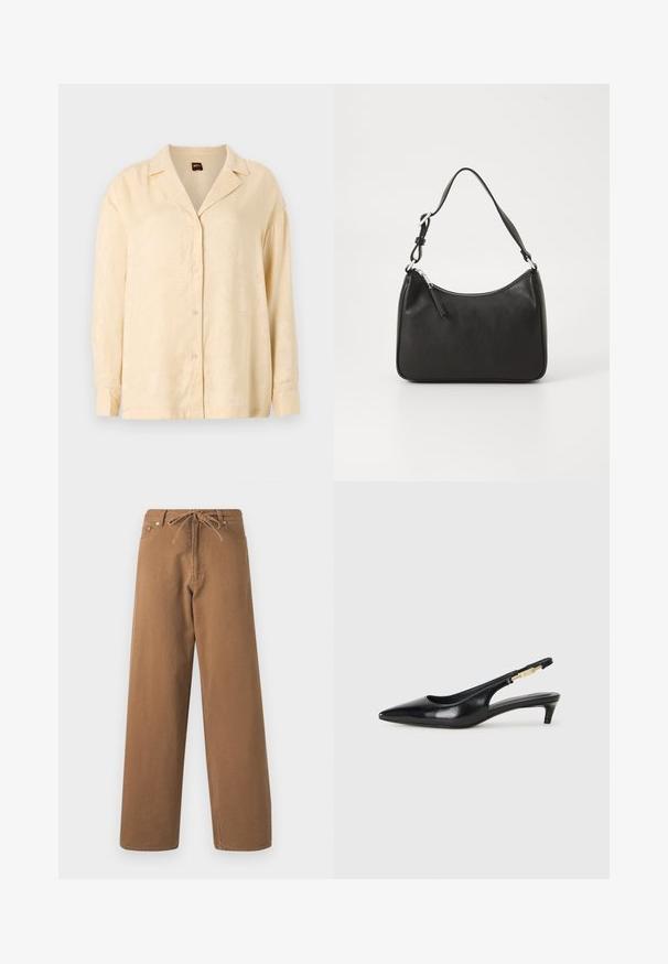 Lys beige skjorte med knappestolpe, notched krage, lange ermer og subtil palmebladmønster tekstur. Knapper er i samme farge.; Brune brede bukser laget av bomull, med snor i midjen og to fron lommer. Teksturert stoff med en glatt overflate.; Sorte lærreim hæler med spiss tå, som har en slank hæl og en gullfarget detalj på den justerbare stroppen. Glatt tekstur.; Svart lærveske med en buet form, en enkelt stropp, glidelåslukking og subtil merkevarebygging på forsiden. Glatt tekstur, minimalistisk design.
