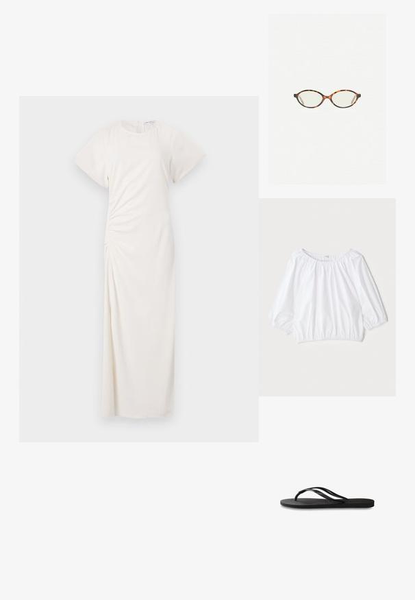 Blusa bianca leggera con scollatura rotonda, maniche a sbuffo a tre quarti e vita elasticizzata, caratterizzata da una trama liscia e lucida.; Abito bianco con maniche corte, scollatura rotonda e dettaglio arricciato ai lati; tessuto liscio con silhouette lunga fino a terra.; Infradito neri con suola in gomma testurizzata, due cinghie sottili e un sottile dettaglio del logo impresso sulla cinghia.; Occhiali in tartaruga con lenti ovali e una finitura liscia e elegante. Presentano aste sottili con una leggera curva alle tempie. Lenti trasparenti.