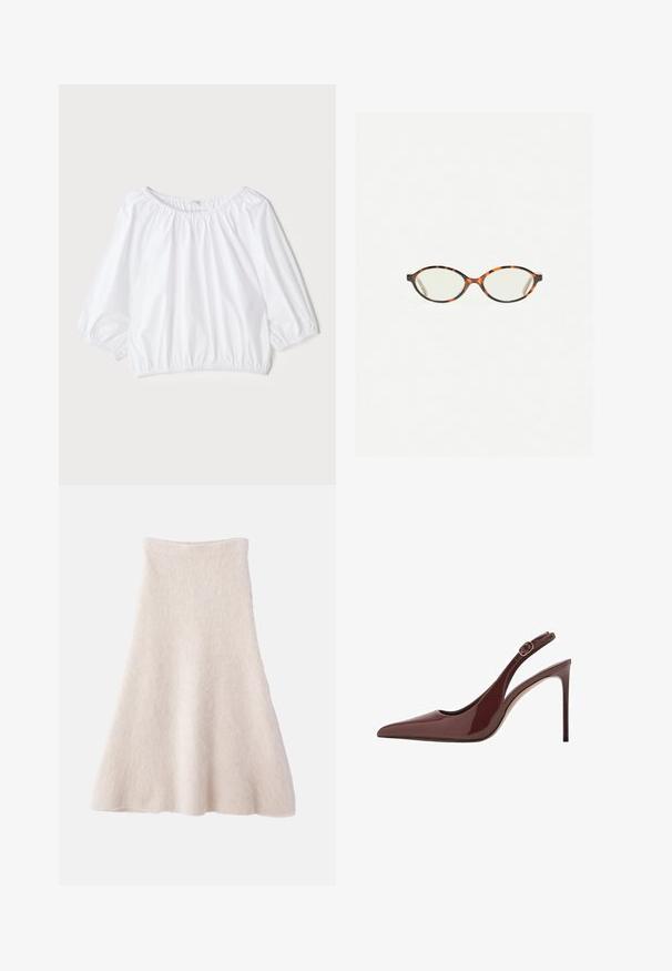 Biała, lekka bluzka z okrągłym dekoltem, rękawami w kształcie trzech czwartej oraz elastycznym pasem, charakteryzująca się gładką, błyszczącą teksturą.; Jasno beżowa spódnica w kształcie litery A, wykonana z miękkiego, teksturowanego materiału, z gładkim pasem w talii i lejącą sylwetką.; Ciemnobrązowe lakierowane skórzane czółenka na wysokim obcasie z zasuwanym paskiem na kostce oraz smukłym obcasem typu stiletto.; Okulary w kolorze tortoiseshell z owalnymi soczewkami i gładkim, eleganckim wykończeniem. Posiadają cienkie boki z delikatnym łukiem w okolicy skroni. Przezroczyste soczewki.