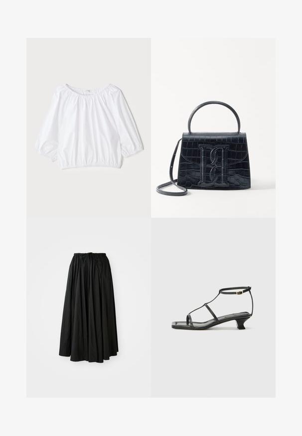 Valge, kerge pluus ümmarguse kaelusega, kolmeveerandpikkade puhv-sleeved ning elastse vöökohaga, millel on sile ja läikiv tekstuur.; Must have pikk, must pikkseelik, mis on valmistatud kergest kangast. Omab vooderdatud vööosa, millel on reguleeritav nöör, ja flared siluetti.; Must värviline nahk sandaal ruudukujulise varbaga, õhukeste rihmadega, kohandatava pahkluu rihmaga ja madala kandaga. Rihmal on väike kuldne aktsent.; Must musta krokodillimustriga nahast käekott, millel on struktureeritud disain, ülemine käepide, reguleeritav rihm ja silmapaistev esiküljel logo detail.