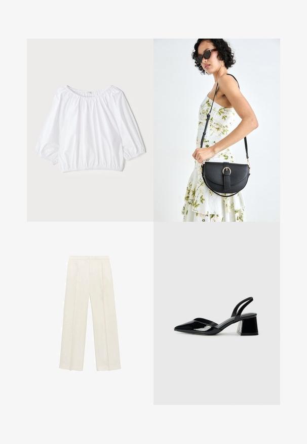 Weißes, leichtes Blusenshirt mit rundem Ausschnitt, dreiviertellangen Puffärmeln und elastischem Bund, mit einer glatten, glänzenden Textur.; Weit geschnittene Hosen in einem hellen cremefarbenen Farbton. Hergestellt aus einem glatten Stoff mit Falten an der Vorderseite und seitlichen Taschen.; Schwarze Lackleder-Slingback-High Heels mit spitzem Schuh und einem geometrischen Blockabsatz. Verfügt über ein schlankes, minimalistisches Design und eine glatte Textur.; Schwarze Lederhandtasche mit geschwungener Form, abnehmbarem Tragegurt und goldenen Beschlägen. Die Tasche verfügt über einen Deckel mit einer Schnallen-Details.