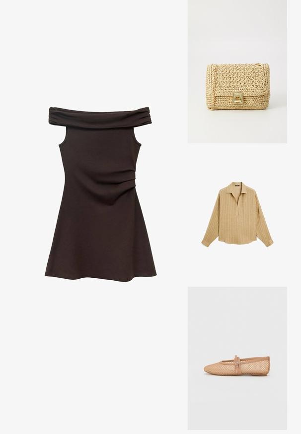 Camicia marrone chiaro a maniche lunghe con colletto, tessuto strutturato e patta con bottoni, caratterizzata da una vestibilità rilassata e spalle basse.; Abito marrone con spalle scoperte, dal corpino aderente, in morbido tessuto e con dettagli arricciati in vita, che si espande in una gonna stile skater.; Ballerine trasparenti nude con punta affusolata, tallone chiuso e una cintura decorativa con fibbia sul collo del piede. Superficie testurizzata.; Borsa a tracolla in paglia intrecciata beige, con pattina ripiegabile, chiusura metallica e tracolla a catena. Superficie testurizzata con un motivo uniforme.