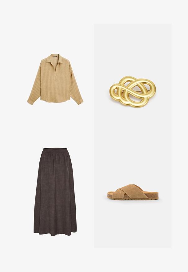 Lysebrune, langærmede skjorte med krave, struktureret stof og en knaplukning, der har en afslappet pasform og faldende skuldre.; Maxi nederdel i mørkebrun, lavet af textured stof med elastisk talje. Bred, flydende silhuet uden synlige mønstre eller accenter.; Suedesandal med tværrem i lys brun med en korkindpakket sål og struktureret gummibund, der har et fladt design og bred pasform.; Guldtonet broche med et knyttet design, der har glatte, buede linjer og en indviklet form, der afspejler en poleret overflade.