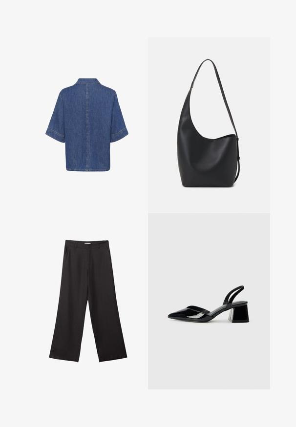 Denimová košile, krátké rukávy, středně modrá barva, klasický límec a rovný lem s viditelnými švy na okrajích.; Černé široké kalhoty vyrobené z hladké tkaniny, s předním zipem a dvěma bočními kapsami, s dobře padnoucím střihem a minimalistickým designem.; Černé lakované kožené lodičky na pásku s špičatou špičkou a geometrickým blokovým podpatkem. Vyznačují se elegantním, minimalistickým designem a hladkým povrchem.; Černá kožená hobo taška s hladkým povrchem, zakřiveným tvarem a jedním nastavitelným popruhem; má široké otevírání nahoře.