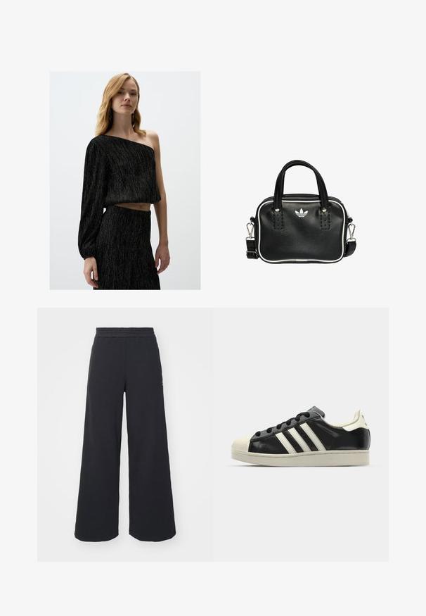 Czarny top crop z jedną długą rękawą, wykonany z teksturowanej tkaniny, z metalicznymi nitkami i luźnym krojem. Połączony z pasującą czarną spódnicą.; Czarne szerokie spodnie dresowe wykonane z miękkiego materiału, z elastycznym paskiem w talii oraz małym logo po lewej stronie.; Czarne skórzane trampki z białymi paskami, gumowym czubkiem, czarnymi sznurówkami i kremową podeszwą. Gładka faktura z połyskującym wykończeniem.; Czarna skórzana torebka z dwoma krótkimi uchwytami, srebrnymi akcentami, białymi detalami i białym logo. Posiada teksturowaną powierzchnię oraz kompaktowy design.
