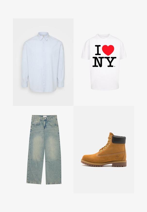 Šviesiai mėlynas ilgomis rankovėmis mygtukais užsegamas marškiniai, pagaminti iš minkštos medžiagos, turintys klasikinį apykaklę ir tiesų siluetą su mygtukais priekyje.; Balta medvilninė marškinėliai su trumpomis rankovėmis, ant kurių yra ryškus juodas užrašas "I NY" ir raudonos širdelės forma, standartinio apvalaus kaklo dizainas.; Šviesiai mėlynos platėjančios džinsinės kelnės, pagamintos iš džinsinio audinio, su dviem priekinių kišenių, sagtimi ir išblukusia skalbimo technologija, kurioje matyti siuvimo siūlės.; Tan spalvą turintys suknelės batus iki kulkšnies su juodu paminkštintu apvadu, auksiniais metaliniais akių užsegimais, baltais siūlų dekoratyviniais elementais ir tvirtu guminiu padu su ryškiai išreikštais raštais.