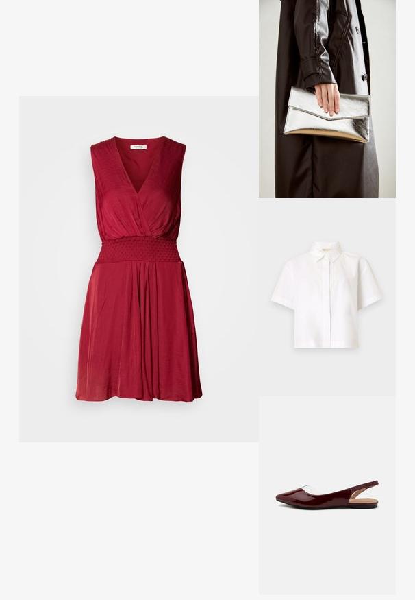 Camisa de botones de manga corta blanca, hecha de una tela ligera y suave; presenta un cuello clásico y un corte recto sin patrones adicionales.; Vestido rojo sin mangas con escote en V profundo, cintura fruncida y falda fluida. Tela suave y ligera con una textura sutil.; Bailarinas de charol burdeos con punta afilada, recorte transparente y suela negra plana. Textura suave, diseño minimalista.; Clutch metálico plateado con un diseño de sobre angular, textura suave y color interior en contraste, sostenido en una mano que lleva un abrigo negro.