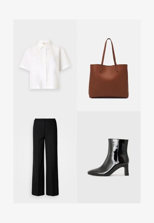 Bílá košile s krátkým rukávem a knoflíkovým zapínáním z hladké, lehké tkaniny; má klasický límec a rovný střih bez dalších vzorů.; Černé kalhoty s širokými nohavicemi z hladkého materiálu, s vysokým pasem, tailorovými švy a minimalistickým designem. Žádné viditelné kovové prvky ani kapsy.; Černé lakované kotníkové boty s špičatou špičkou a středně vysokým blokovým podpatkem. Hladká textura a minimalistický design.; Hnědá kožená taška přes rameno s hladkou texturou, otevřeným designem a dvěma ramenními popruhy. Obsahuje minimální švy a žádné viditelné kovové prvky.