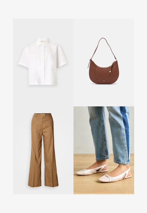 Valge lühikeste varrukatega nööbitav särk sujuvas, kergekaalulises kangas; klassikalise kraega ja sirge lõikega, ilma täiendavate mustriteta.; Pruunid laiad püksid, mis on valmistatud kerge kangast. Omavad tasast esiosa, vöökohtade keerutusi ning kohandatud siluetti, millel on pahkluu pikkus.; Kahvatu roosa slingback lapikute jalatsite paar, millel on terav varvas, valmistatud siledast nahataolisest materjalist. Omab külgedel lõikekohti ja lapikut kontsa.; Pruun faux nahast õlaline kott, millel on kaarjas kuju, minimaalne õmblemine ja kuldse tooni metallist aksessuaar. Omab ülemist tõmblukku ja reguleeritavat rihma.