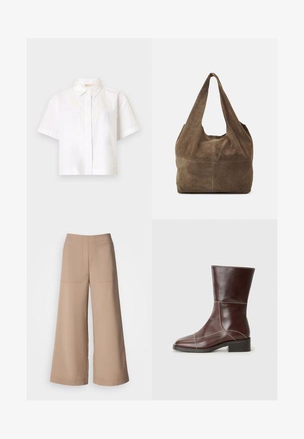 Camicia button-up bianca a maniche corte realizzata in un tessuto leggero e liscio; presenta un colletto classico e una linea dritta senza ulteriori motivi.; Pantaloni a gamba larga in un tessuto beige chiaro. Presentano due tasche frontali a toppa, una vita piatta e una texture liscia con una finitura sartoriale.; Stivale alla caviglia in pelle marrone con punta squadrata e tacco basso, caratterizzato da cuciture a contrasto lungo le cuciture. Sfondo chiaro.; Borsa hobo in suede marrone con una sola tracolla, texture morbida e forma rotonda. Presenta una cucitura al centro per un tocco di dettaglio.