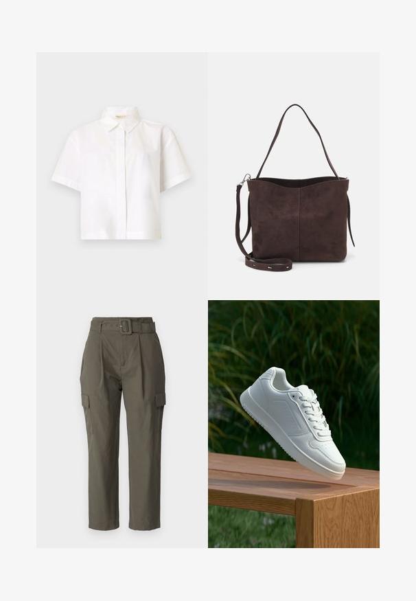 Hvit kortermet skjorte med knapper i et glatt, lett stoff; har klassisk krage og rett snitt uten ytterligere mønstre.; Cargo-bukser i olivengrøn, lavet af letvægtsstof. Funktioner omfatter en bæltestrop i taljen, frontfolder og sidelommer med flaplukninger.; Hvite sneakers med en glatt syntetisk overdel, perforert tåboks, flate snørebånd og en teksturert såle, vist på en treflate.; Brun semsket stoff tote-veske med en myk tekstur, som har en enkelt skulderrem og en subtil buet toppåpning. Ingen synlige maskindetaljer.