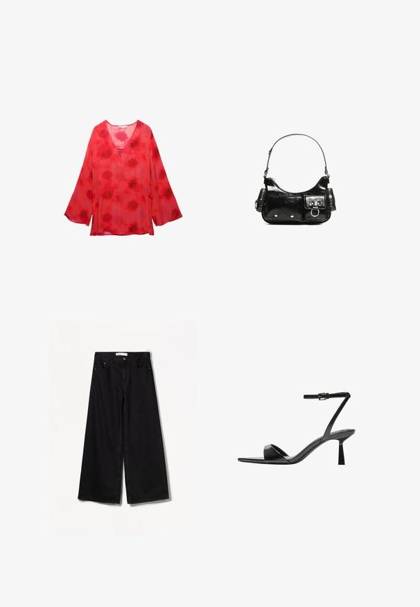 Rød tie-dye bluse med V-hals, lange klokkeærmer og et let, gennemsigtigt stof med et tekstureret mønster.; Bershka WIDE-LEG - Wide leg - black; Bershka Højhælede sandaletter / Højhælede sandaler - black; Sort patenteret læder håndtaske med en buet form, en skulderrem, frontlommer og hardware accenter i sølvfarve.