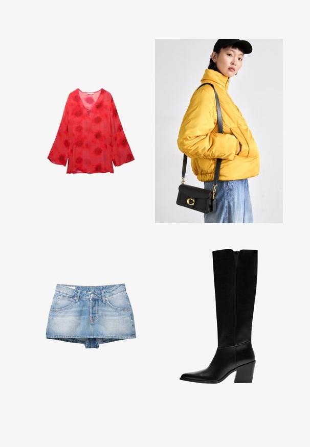 Crvena bluzica s tie-dye uzorkom koja ima V-izrez, dugačke zvonaste rukave i laganu, prozirnu tkaninu s teksturiranim uzorkom.; Traperice šorts u svijetloplavoj boji s izblijeđenim pranjem. Ima pet džepova i prednje kopčanje na dugme. Klasičan kroj s ravnim rubom.; Crne čizme do koljena napravljene od glatke kože, s šiljastim vrhom, blok petom i V-oblika izrezom na vrhu.; Žuta podstavljena jakna s visokim ovratnikom i prednjim džepom, uparena s crnom torbom preko tijela s zlatnim detaljima. Ležerne traperice.