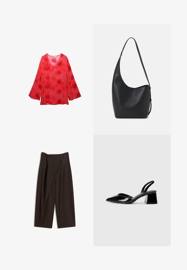 Rdeča bluzica z barvnimi vzorci, ki ima V-izrez, dolge zvonaste rokave ter lahko, prosojno tkanino s teksturiranim vzorcem.; Temno rjave široke hlače z visokim pasom, ki imajo en gumb za zapiranje in zamaščen sprednji del. Narejene so iz lahkega blaga.; Črne lakirane slingback pete s koničastim nosom in geometrijsko blokasto peto. Imajo eleganten, minimalističen dizajn in gladko teksturo.; Črna usnjena hobo torba z gladko teksturo, ukrivljeno obliko in eno nastavljivo naramnico; ima širok odprtina na vrhu.