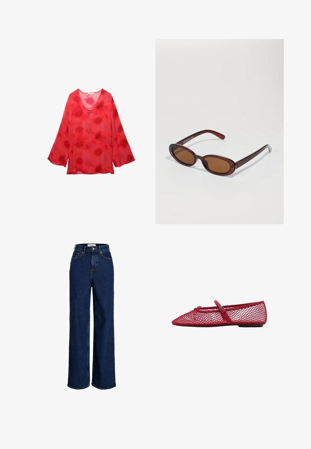 Blouse rouge tie-dye avec un décolleté en V, des manches longues évasées, et un tissu léger et transparent avec un motif texturé.; Jean en denim bleu foncé taille haute avec jambes larges, bouton frontal et design à cinq poches.; Ballerines en maille rouge avec un bout pointu, dotées d'une fine bride et d'un détail à boucle. La tige présente un motif ouvert en nid d'abeille.; Lunettes de soleil rondes teinte brun avec une monture bordeaux brillante. Branches fines avec un détail de marque subtil. Design de verres plats.