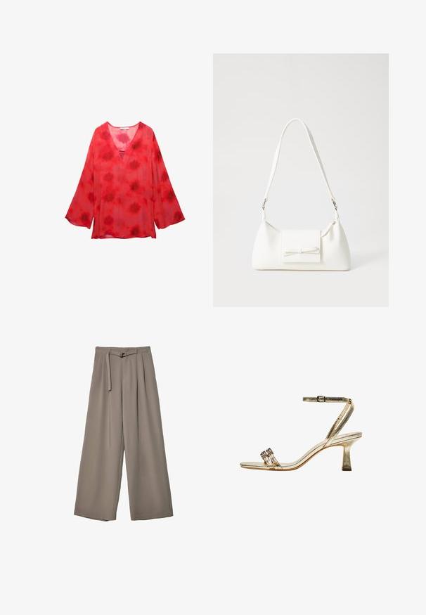 Rote Batikbluse mit V-Ausschnitt, langen Glockenärmeln und einem leichten, durchsichtigen Stoff mit einem strukturierten Muster.; Weite Hose aus einem weichen, gedämpften grauen Stoff, mit einem taillierten Bund und Falten für zusätzliche Design-Details. Glatte Textur, keine Muster.; Goldene metallische Sandalette mit Absatz, Knöchelriemen, zwei schmalen vorderen Bändern und Blockabsatz. Mit dekorativen Verzierungen.; Weiße synthetische Handtasche in dreieckiger Form, flache Vorderklappe und Schleifendetail, verstellbarer Trageriemen, glatte Textur und minimalistisches Design.