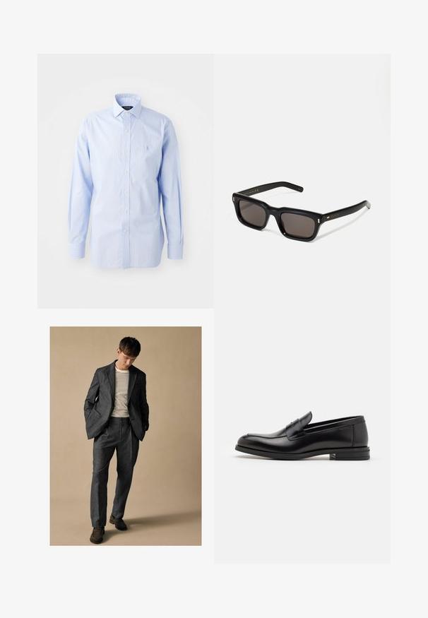 Jasnoniebieska koszula z paskami, zapinana na guziki, z klasycznym kołnierzykiem, długimi rękawami i małym logo po lewej stronie klatki piersiowej.; Szary dobrze dopasowany garnitur z klapami w kształcie notcha i przednimi kieszeniami, zestawiony z koszulą w paski. Spodnie mają luźny krój i detal w postaci zakładki. Brązowe buty.; Czarne skórzane mokasyny o gładkiej fakturze, zaokrąglonym nosku i dekoracyjnym pasku na przodzie. Niski, warstwowy obcas, minimalistyczny design.; Czarne prostokątne okulary przeciwsłoneczne z ciemnymi soczewkami, grubą plastikową oprawą, złotymi akcentami na zausznikach oraz wygrawerowanym logo marki na ramieniu.