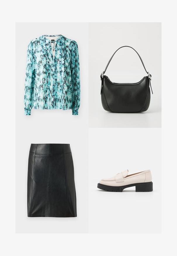 Bluză ușoară de culoare turcoaz cu un model abstract în alb și negru. Include o cravată la gât, mâneci lungi și pliseuri verticale.; Fustă neagră din piele, cu un design ajustat. Textură netedă, cusături care conturează forma și un tiv drept. Aspect minimalist și elegant.; Loaferi din piele bej deschis, cu vârf cusut și cu o talpă platformă texturată de culoare neagră. Caracterizată printr-un design curbat și o ușoară ridicare.; Geantă de mână din piele neagră cu o formă curbată, fermoar argintiu și o mânere scurtă. Previne un logo subtil pe față și o textură netedă.