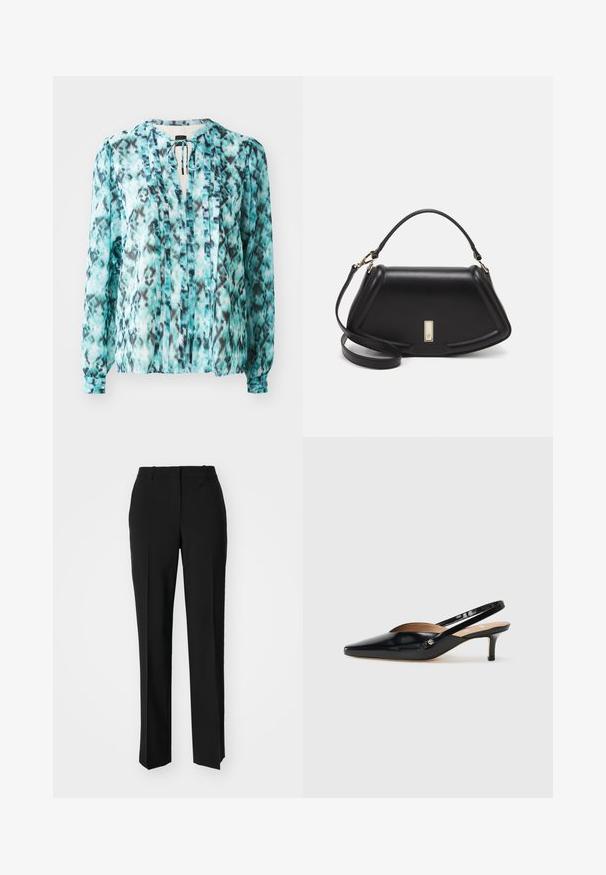 Blusa leggera in turchese con motivo astratto in bianco e nero. Presenta un nodo al collo, maniche lunghe e pieghe verticali.; Pantaloni neri su misura con un design a gamba dritta, caratterizzati da una texture liscia e pieghe ben definite sul davanti. Senza hardware visibile.; Décolleté slingback in vernice nera con punta affilata, tacco basso e design con aperture sul vamp. Accento in hardware color oro sul lato.; Borsa a mano in pelle nera con un design strutturato, caratterizzata da una forma corta, manico superiore e accessori in metallo dorato. Inclusa tracolla regolabile.
