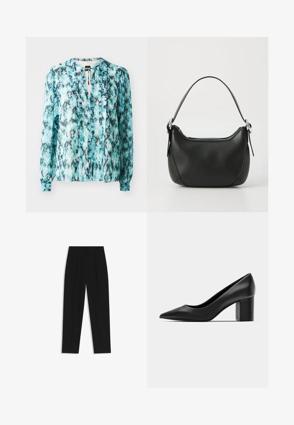 Leichte Bluse in Türkis mit einem schwarz-weißen abstrakten Muster. Sie verfügt über eine Halsbinde, lange Ärmel und vertikale Falten.; Schwarze Hose mit geradem Schnitt, doppelten Falten, einer glatten Textur und einem klassischen Bunddesign. Keine sichtbaren Beschläge oder Akzente.; Schwarze Lederpumps mit spitzem Zehenbereich und einem klobigen quadratischen Absatz. Glatte Textur, einfaches Design, geeignet für formelle Anlässe.; Schwarze Ledertasche mit geschwungener Form, silbernem Reißverschluss und kurzem Griff. Verfügt über ein dezentes Logo auf der Vorderseite und eine glatte Textur.