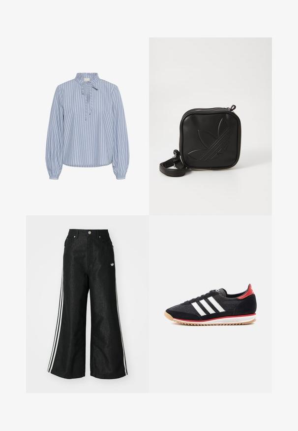 Kaffe MILINA - Camicetta - windward blue melange stripe; Pantaloni in denim neri a gamba larga con tre strisce bianche su ciascun lato e un piccolo logo bianco. Presentano tasche frontali e chiusura con bottone.; Scarpa sportiva nera con strisce bianche, dettagli in suede e tallone rosso. Texture in mesh e suola in gomma con battistrada marrone chiaro.; Borsa a tracolla nera realizzata in materiale sintetico testurizzato. Presenta un design con logo inciso e una tracolla regolabile. Chiusura con zip.