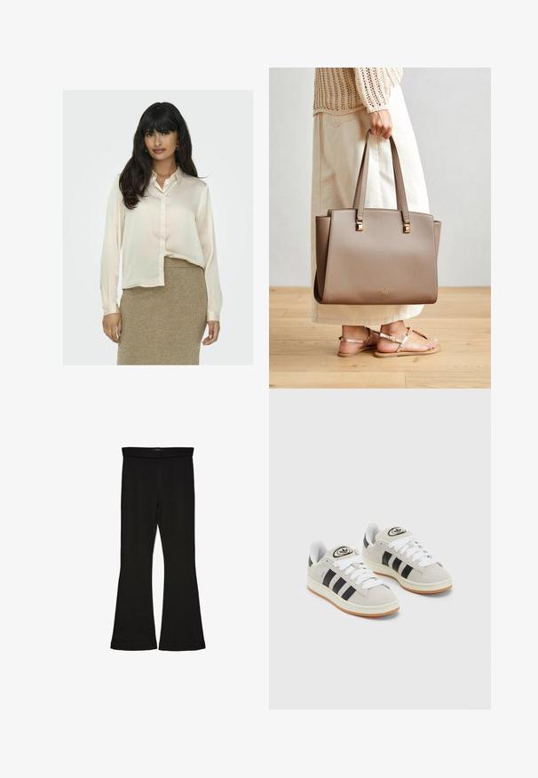 Long-sleeve, cream blouse made of smooth fabric, featuring a button-down front and a collar, paired with a textured gold skirt.; Black flare leggings made from stretchy fabric. Features a wide waistband and a smooth texture, with a fitted silhouette that flares at the hem.; Gray suede sneakers with white laces, black stripes, and a white rubber sole. Features a circular logo on the tongue and a gum sole.; Brown synthetic tote bag with two long handles, square metallic accents, and a subtle logo. Worn with a light cream skirt and sandals.; Gold-tone metal earrings featuring a smooth, rounded top accent above a brushed oval base, creating a sculptural design.