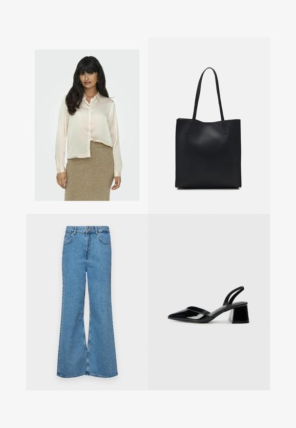 Long-sleeve, cream blouse made of smooth fabric, featuring a button-down front and a collar, paired with a textured gold skirt.; Light blue flared jeans made of denim, featuring a high waist, five pockets, and a single button closure. Soft texture with faded finish.; Black patent leather slingback heels with a pointed toe and a geometric block heel. Features a sleek, minimal design and smooth texture.; Black leather tote bag with smooth texture, rectangular shape, and two long handles. No visible hardware or embellishments.