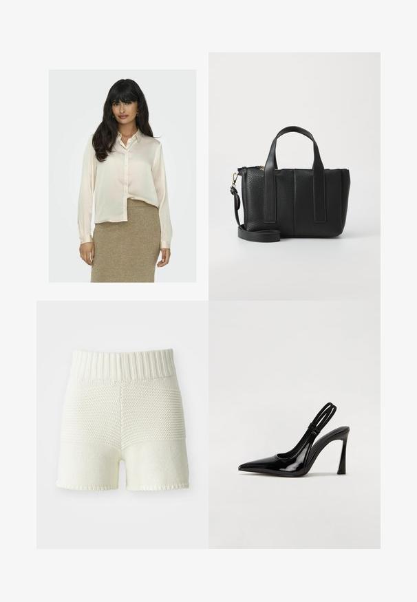 Bluzka z długim rękawem w kolorze kremowym, wykonana z gładkiego materiału, z zapięciem na guziki i kołnierzykiem, połączona z fakturowaną złotą spódnicą.; Sweterkowe szorty w kolorze ecru z prążkowanym pasem, z wyraźnym kontrastem faktur między górną a dolną częścią, z obszytymi brzegami.; Czarne lakierowane pantofle slingback na wysokim obcasie z wydłużonym noskiem oraz podwójnym elastycznym paskiem dla zapewnienia bezpiecznego dopasowania. Gładka, błyszcząca powierzchnia.; Czarna skórzana torba o teksturowanej powierzchni, z podwójnymi uchwytami u góry oraz odpinanym paskiem na ramię; posiada zamek błyskawiczny oraz pionowe szwy.