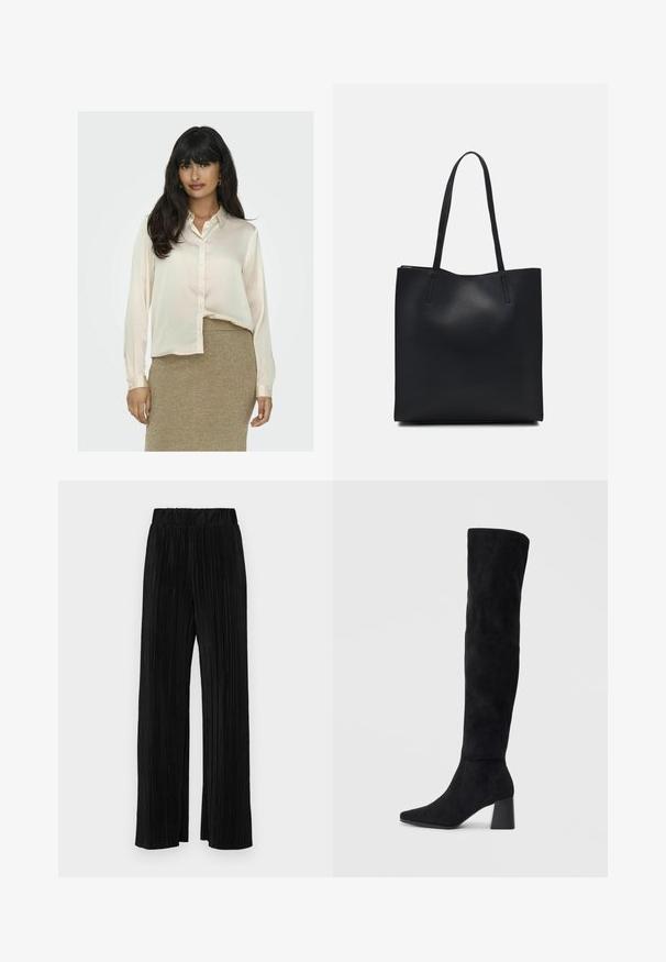 Long-sleeve, cream blouse made of smooth fabric, featuring a button-down front and a collar, paired with a textured gold skirt.; Black pleated trousers with an elastic waistband. Features wide legs and a smooth, textured fabric with vertical stripes.; Black suede knee-high boot with block heel, pointed toe, and smooth, seamless design on a plain light background.; Black leather tote bag with smooth texture, rectangular shape, and two long handles. No visible hardware or embellishments.