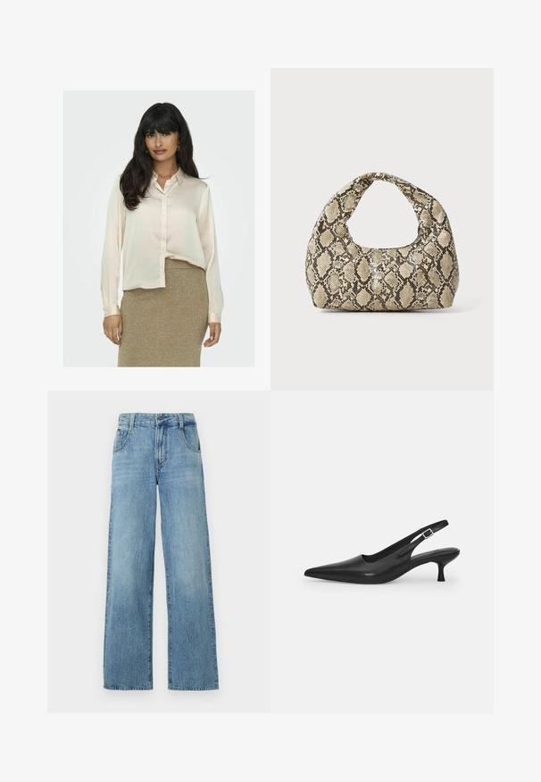 Bluză cu mâneci lungi, de culoare crem, dintr-un material neted, cu închidere prin nasturi și guler, asociată cu o fustă texturată de culoare aurie.; Jeans largi de culoare albastru deschis din material denim, cu o croială dreaptă, talie standard și o ușoară decolorare pentru textură.; Sandal din piele neagră, cu vârf ascuțit și toc subțire, curbat. Are o curea ajustabilă discretă, cu o cataramă din metal.; Geantă cu imprimeu de șarpe, având un mâner curbat. Fabricată din materiale texturate, bej și maronii, cu un model distinctiv în formă de diamant.