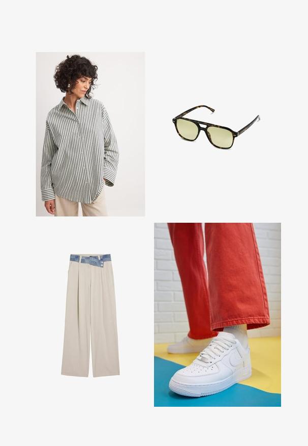 Stribet skjorte i grøn og hvid. Blødt materiale, afslappet pasform, lange ærmer med opfoldede manchetter og spidse krave.; Lys beige vidde bukser med en denimlivrem, der har to knapper og plisserede frontdetaljer. Glat tekstur og afslappet pasform.; Hvide lædersneakers med perforeret tå-kasse, tekstureret sål og hvide snørebånd, parret med brede røde bukser og en blå-gul baggrund.; Skildpaddemønstrede solbriller med rektangulær form, grønfarvede linser og mønstrede acetatstel. Har metaldetaljer nær linserne.