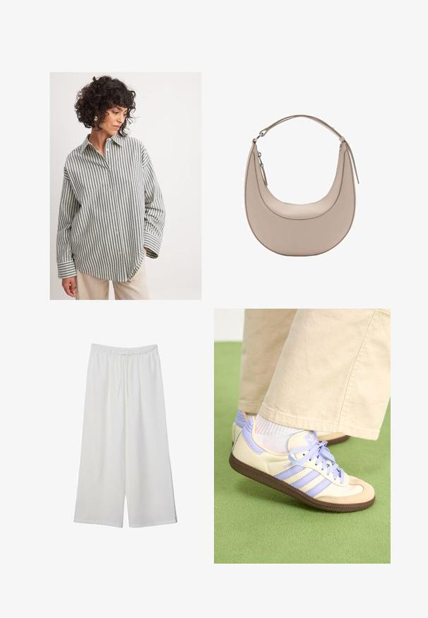 Gestreiftes Button-Up-Hemd in Grün und Weiß. Weicher Stoff, entspannter Schnitt, lange Ärmel mit gekrempelten Manschetten und einem spitzen Kragen.; Weiße, weit geschnittene Hosen aus leichtem Stoff, mit einem elastischen Bund und einem Zugband für eine verstellbare Passform. Glatte Textur.; Cremefarbene und lavendelfarbene Sneakers mit drei Streifen und einer strukturierten braunen Sohle, ausgestattet mit Schnürsenkeln und einer gepolsterten Ferse. Obermaterial aus weichem Stoff.; Beige Leder Schultertasche in Halbmondform, mit glatter Oberfläche und einem geschwungenen Henkel. Verfügt über einen Reißverschluss und saubere Nähte.