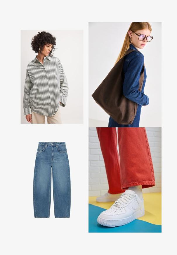 Camicia button-up a righe in verde e bianco. Tessuto morbido, vestibilità rilassata, maniche lunghe con polsini ripiegati e colletto a punta.; Jeans blu a vita alta, a gamba larga, con tasche frontali e chiusura a bottone, esposti in piano su uno sfondo bianco.; Sneaker bianco in pelle con punta perforata, suola testurizzata e lacci bianchi, abbinati a pantaloni rossi larghi e uno sfondo blu e giallo.; Borsa a tracolla in pelle marrone con una texture morbida, caratterizzata da un design ampio e una sola tracolla. Indossata con un giubbino di jeans blu.