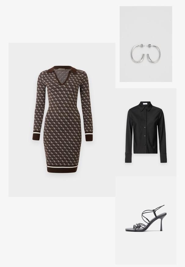 Czarna koszula z długim rękawem o strukturalnym kołnierzu, z zapięciem na guziki z przodu i dopasowanym krojem. Wykonana z gładkiego, lekkiego materiału.; Brązowa dopasowana dzianinowa sukienka z białym wzorem w diamenty, z długimi rękawami, dekoltem w kształcie litery V, kołnierzykiem i białymi wykończeniami na mankietach i u dołu.; Czarne sandały na wysokim obcasie mają cienkie paski z węzłowym wzorem, gładki, kwadratowy czubek i smukły obcas w stylu szpilki.; Jasnoszara metaliczna torebka na łańcuszku, ozdobiona małymi okrągłymi metalowymi ćwiekami oraz trójkątnym logo marki.; Srebrne kolczyki na biglu o gładkim, błyszczącym wykończeniu. O zaokrąglonym kształcie, lekkim designie, z zamknięciem na zatrzask.