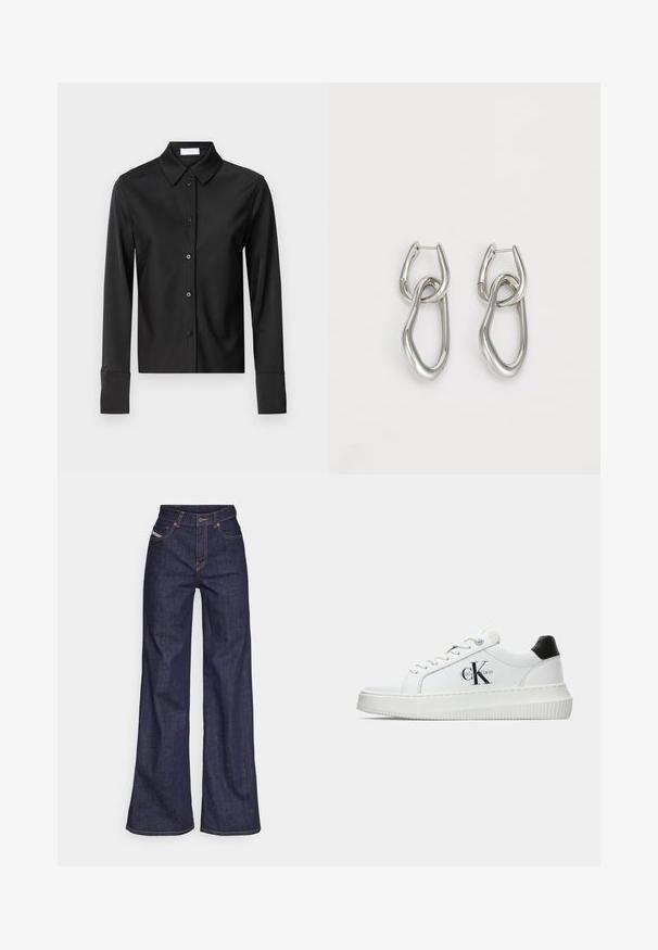 Crna košulja dugih rukava sa strukturiranim ovratnikom, prednjim zatvaranjem na dugmiće i krojem prilagođenim figuri. Ima glatku, laganu tkaninu.; Tamno plave široke traperice s visokim strukom, izrađene od denim tkanine, s narančastim šavovima, pet džepovima i kopčanjem na dugme.; Bijeli niskotoperani tenisice s crnom petom, platformom, vezicama i "CK" logotipom Calvin Kleina sa strane.; Calvin Klein STATEMENT LINKS - Naušnice - silver-coloured