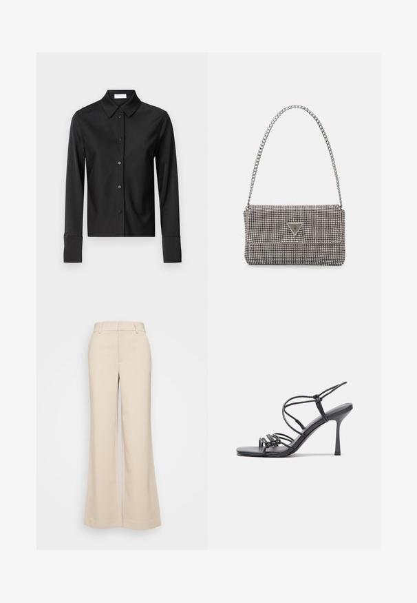 Musta pitkähihaisen paita, jossa on muotoiltu kaulus, etupainike ja räätälöity siluetti. Materiaalina on sileä ja kevyt kangas.; Beige levelek pantsa, jotka ovat sileätekstuuriset ja joissa on korkea vyötärö sekä kaksi etutaskua. Siisti muotoilu ja istuva malli.; Mustat korkokengät sandaalit, joissa on ohuet hihnat solmittuna, sileä neliön muotoinen varvasosa ja tyylikäs stiletto-korko.; Vaalea harmaa metallinen käsilaukku, jossa on ketjusanka. Laukku on koristeltu pienillä pyöreillä metallikoruilla ja kolmion muotoisella brändilogolla.; Hopehopeet hopehopeet hopehopeet hopehopeet, jolla on sileä, kiiltävä pinta. Pyöreä muoto, kevyt rakenne, jossa on neulakiinnitys.