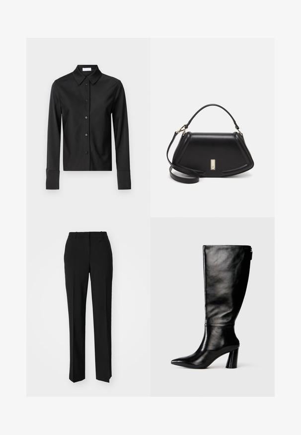 Black long-sleeve shirt with a structured collar, front button closure, and tailored silhouette. Features smooth, lightweight fabric.; Black tailored trousers with a straight-leg design, featuring a smooth texture and crisp creases along the front. No visible hardware.; Knee-high black leather boot with a pointed toe, smooth texture, and a chunky heel. Features a zipper detail at the back.; Black leather handbag with a structured design, featuring a cropped shape, top handle, and gold hardware accent. Adjustable shoulder strap included.