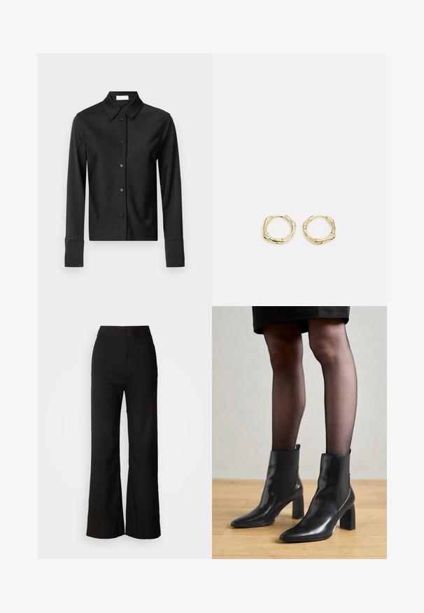 Maglietta nera a maniche lunghe con colletto strutturato, chiusura a bottoni frontale e silhouette sartoriale. Presenta un tessuto morbido e leggero.; Pantaloni neri a gamba larga con texture liscia, vita alta e design semplice. Nessuna tasca visibile o decorazioni.; Stivaletti neri in pelle con punta affusolata, tacco quadrato imponente e design elegante. Dotati di pannelli laterali elasticizzati per una facile vestibilità.; Orecchini a cerchio in oro con una forma irregolare e texture. Presentano una chiusura senza giunture e una finitura superficiale lucida, che enfatizza un design moderno.