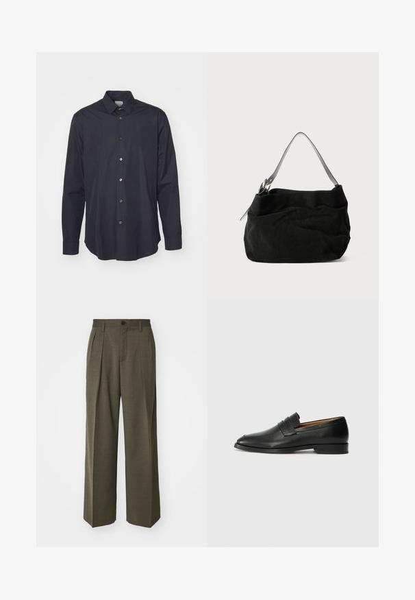 Dunkelblaues Langarm-Hemd mit Knopfleiste aus glattem Stoff, mit klassischem Kragen und fünf vorderen Knöpfen, wobei die Knopf-farben kontrastierend sind.; Schwarzes Langarm-T-Shirt aus Baumwolle mit Rundhalsausschnitt und einem schlichten Design ohne sichtbare Muster oder Verzierungen.; Filippa K WIDE TROUSERS - Stoffhose - driftwood; Schwarze Leder-Slipper mit runder Zehenform, dezenten gestickten Details und niedrigem Absatz, ausgestattet mit glatter Textur und minimalistischem Design.; Schwarze Wildledertasche mit einem weichen, lässigen Design. Verfügt über einen dünnen, glatten Leder-Schulterriemen und dezente Nähte.