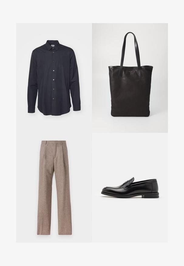 Dunkelblaues Langarm-Hemd mit Knopfleiste aus glattem Stoff, mit klassischem Kragen und fünf vorderen Knöpfen, wobei die Knopf-farben kontrastierend sind.; Braune, hochtaillierte Hose aus strukturiertem Stoff. Mit weitem Bein und zwei vorderen Bügelfalten für zusätzliche Form. Saubere Verarbeitung ohne sichtbare Hardware.; Schwarze Lederloafers mit glatter Textur, rundem Zehenbereich und einem dekorativen Riemen über dem Vorderfuß. Niedriger, gestapelter Absatz, minimalistisches Design.; Schwarze Stofftote mit schwarzen Ledergriffen. Einfaches Design, geräumiger Körper und glatte Textur. Keine sichtbaren Logos oder Muster.