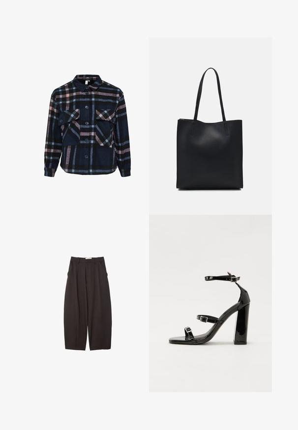 Checkered flannel shirt in navy, pink, and black. Features a collar, two chest pockets, and button closures. Soft texture and long sleeves.; Black wide-leg trousers made from a smooth fabric, featuring a high waist, front pleats, and side pockets. Simple design without embellishments.; Black patent heeled sandals with a square toe, ankle straps, and silver buckles. Features a chunky block heel for stability.; Black leather tote bag with smooth texture, rectangular shape, and two long handles. No visible hardware or embellishments.