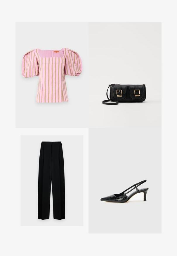 Stine Goya SOFT WEAVE BLOUSON SLEEVE - Bluse - wallpaper; Svart vide bukser med høy livhøyde, med folder og en glatt tekstur. Stoffet virker lett og faller elegant.; Sorte patent slingback hæl med spids tå, featuring tekstureret slangeskind, justerbar rem og en kort, tekstureret blokhæl.; Svart skinn crossbody veske med to frontlommer, gyldne spenner, glidelåslukking og en slank stropp. Teksturert overflate og kompakt rektangulær form.