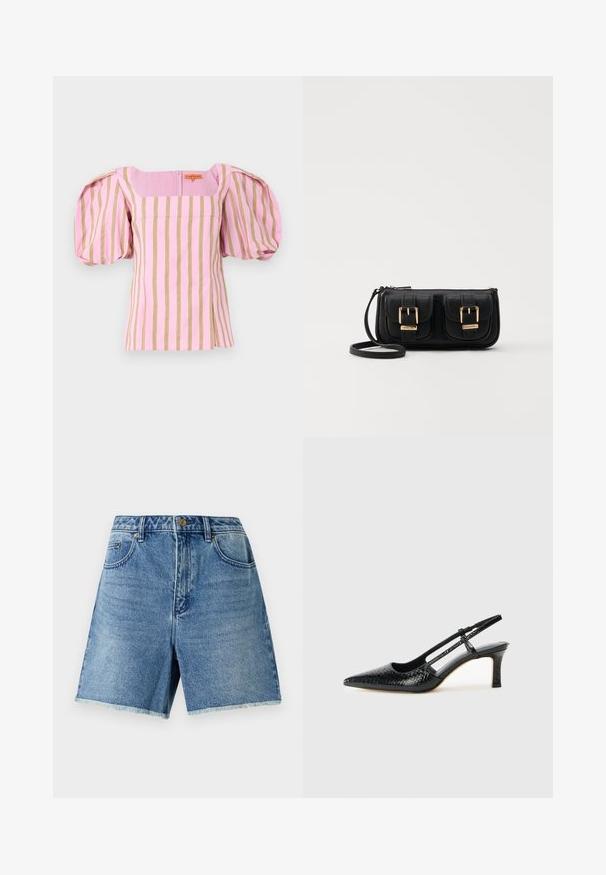 Stine Goya SOFT WEAVE BLOUSON SLEEVE - Blus - wallpaper; Ljusblå denimshorts med hög midja, knäppning, framfickor och fransad nederkant för en avslappnad passform.; Svart lackskin slingback-häl med spetsig tå, med texturerad ormskinnsprint, justerbar rem och en kort, texturerad blockklack.; Svart läderaxelväska med två framfickor, guldspännen, dragkedjestängning och en smal rem. Texturerad yta och kompakt rektangulär form.